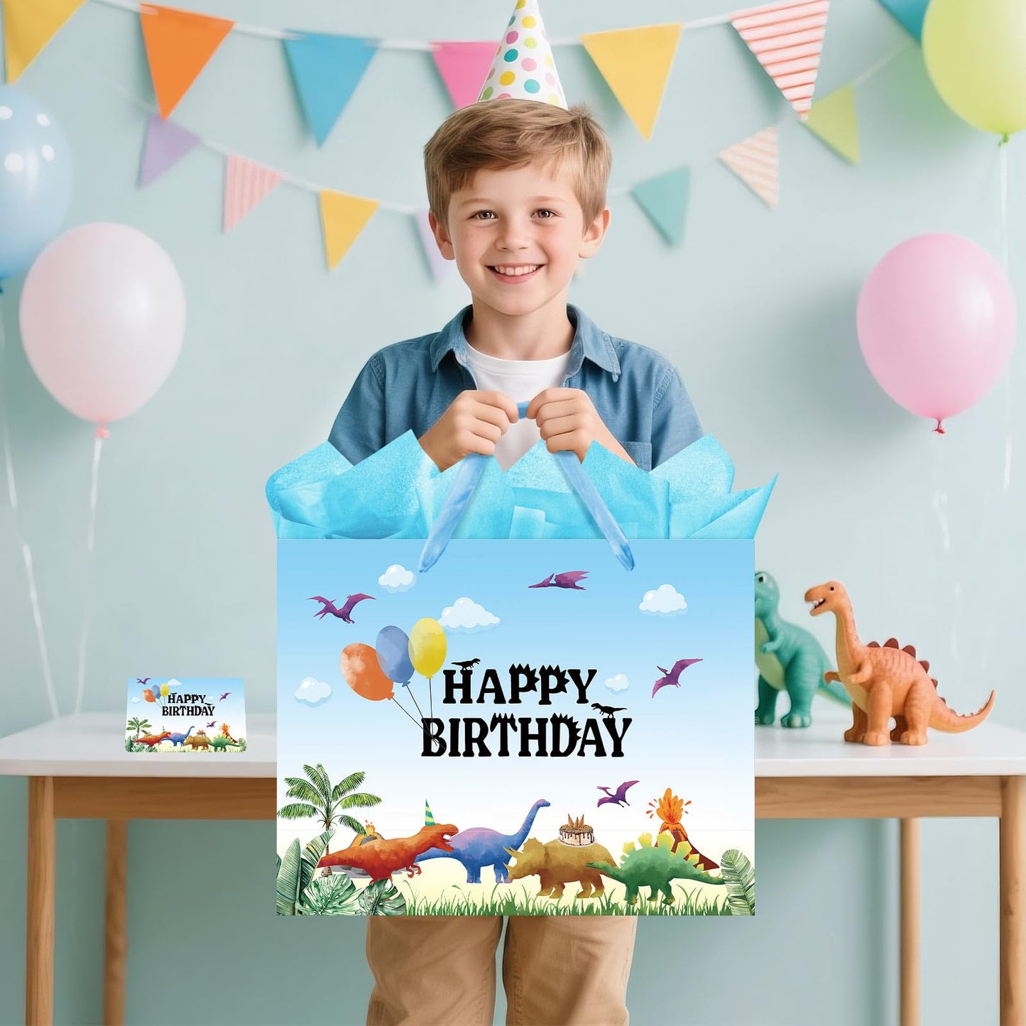 16.5" Extra Large Watercolor Dinosaur Birthday Gift Bag for Boy Kids with Card and Tissue Papers