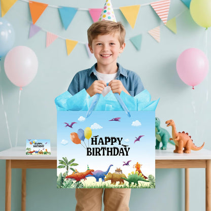 16.5" Extra Large Watercolor Dinosaur Birthday Gift Bag for Boy Kids with Card and Tissue Papers