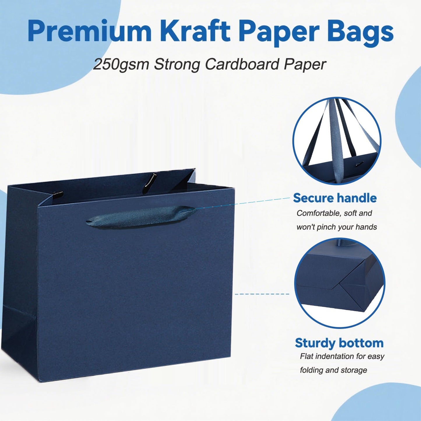 MULIANBOX Navy Blue Gift Bag 12 Pack, 8.7x3.9x7.1inch Gift Wrap Bags with Ribbon Handles, Reusable Heavy Duty Kraft Paper Bags Bulk for Shopping, Wedding, Party, Gift, Retail
