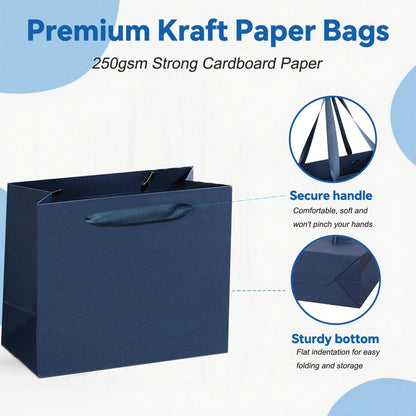 MULIANBOX Navy Blue Gift Bag 12 Pack, 8.7x3.9x7.1inch Gift Wrap Bags with Ribbon Handles, Reusable Heavy Duty Kraft Paper Bags Bulk for Shopping, Wedding, Party, Gift, Retail