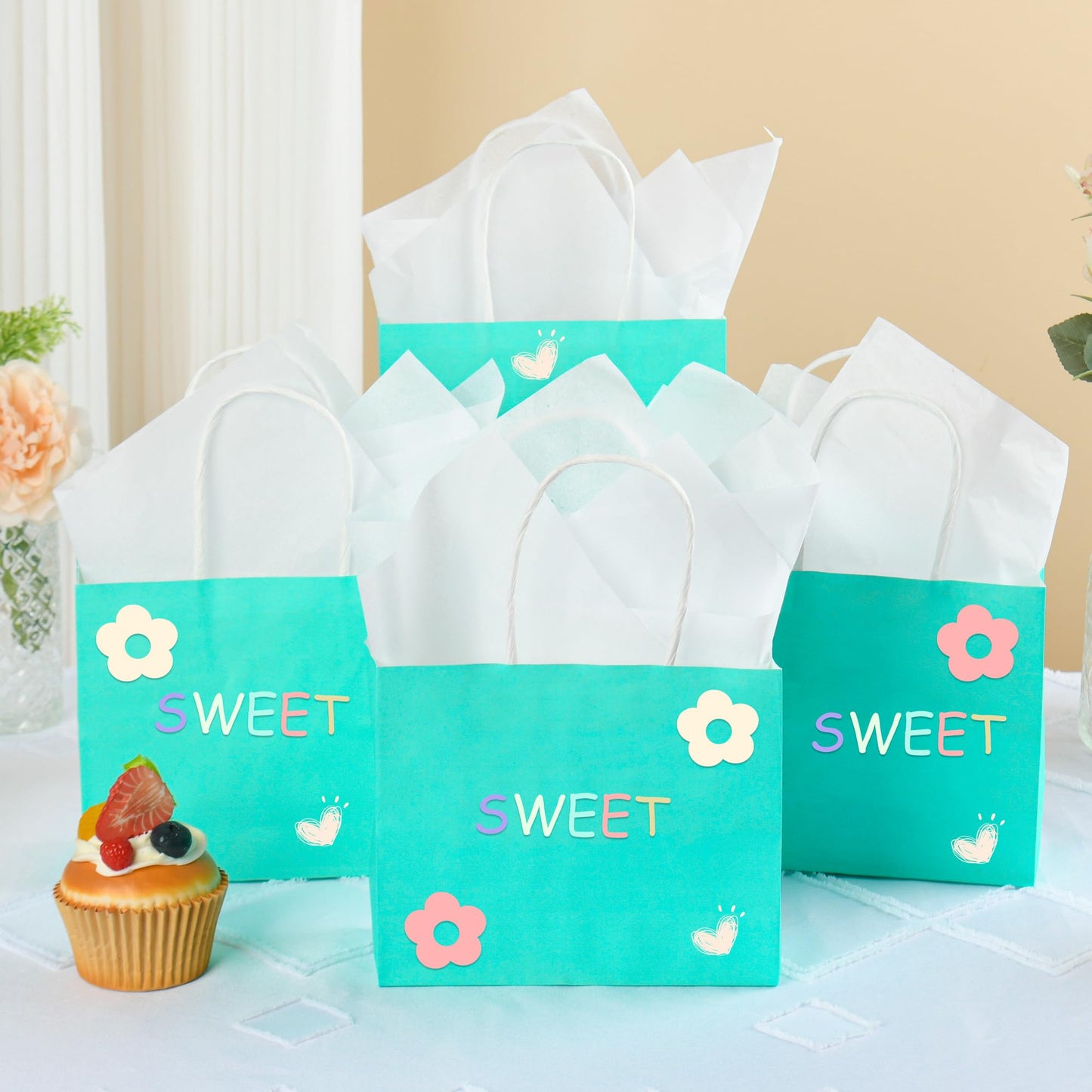 DjinnGlory 24 Pack Mini Tiny Teal Paper Gift Bags (Turquoise Aqua Blue) with White Tissue Paper for Summer Pool Party Supplies, Small Merchandises, 6x5x2.5 Inch