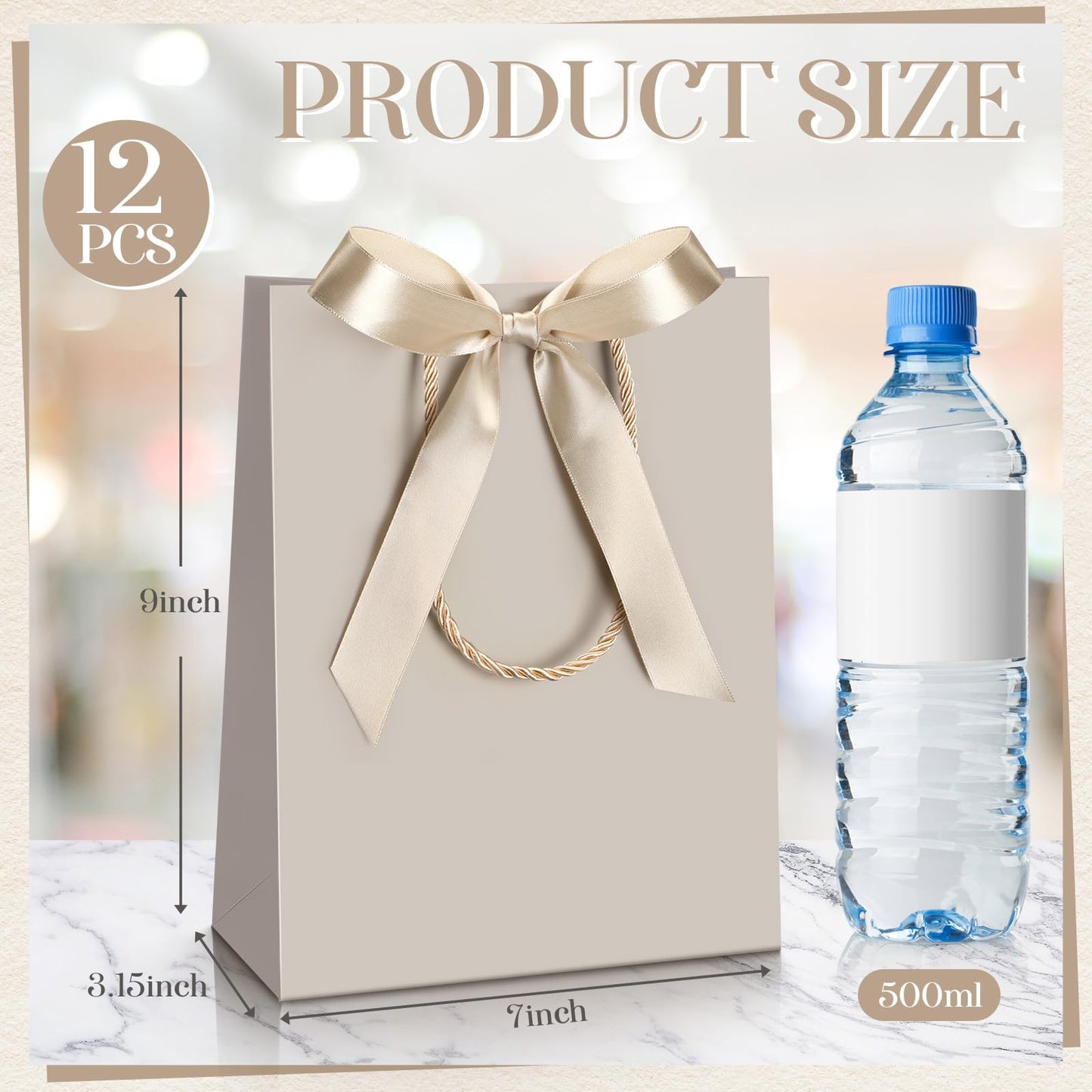 Silkfly 12 Pcs Wedding Paper Gift Bags with Handle 9x7x3.15'' Thank You Gifts Bags with Ribbon Bow Bridal Shower Gifts for Baby Shower Graduation Holiday Birthday Party Supplies (Champagne)