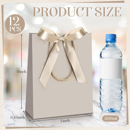 Silkfly 12 Pcs Wedding Paper Gift Bags with Handle 9x7x3.15'' Thank You Gifts Bags with Ribbon Bow Bridal Shower Gifts for Baby Shower Graduation Holiday Birthday Party Supplies (Champagne)