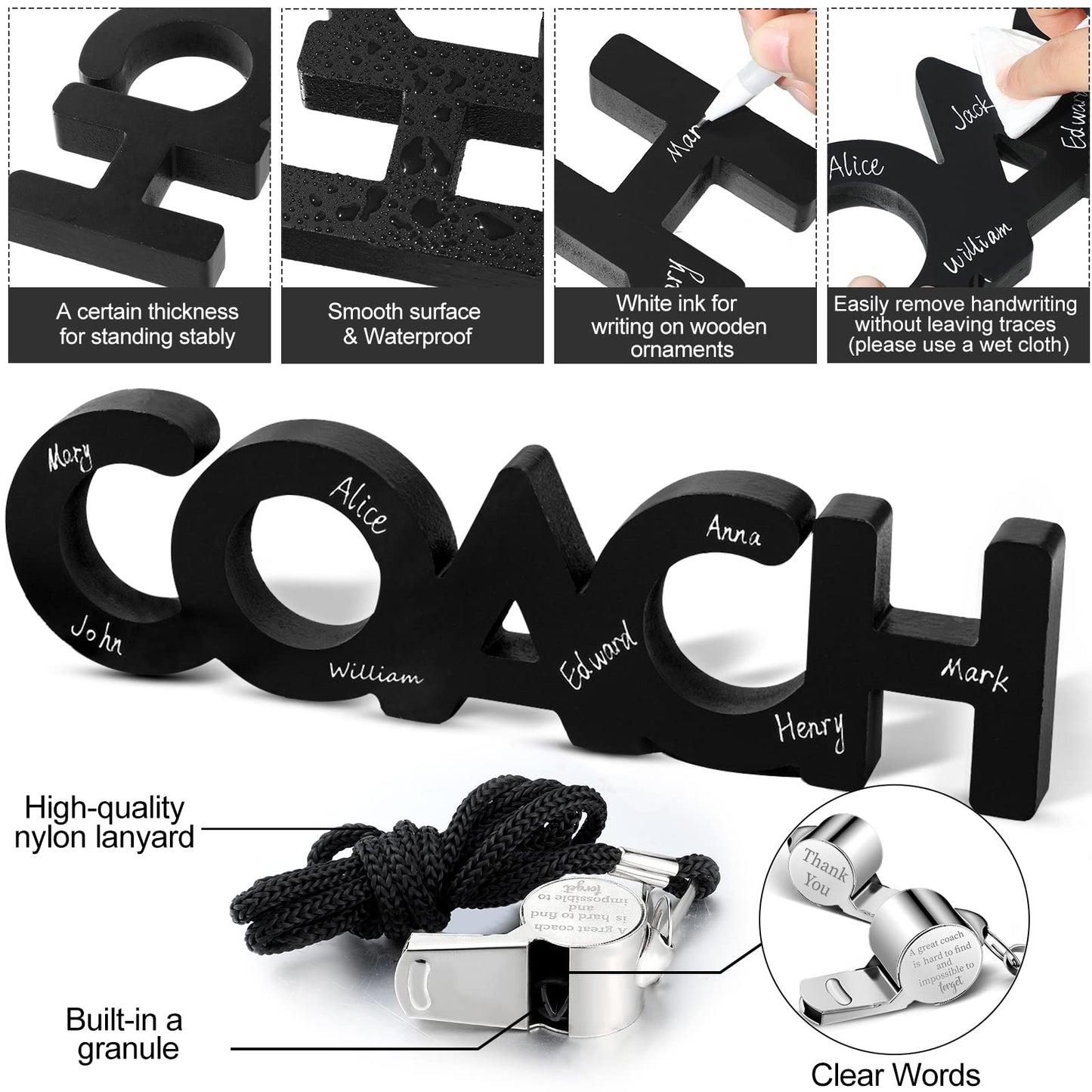 Yalikop 3 Pcs Coach Gifts Football Coach Wood Sign Thank You Whistle Marker Pen Stainless Steel Whistle with Rope for Men Women Soccer Baseball Volleyball Sports Gifts