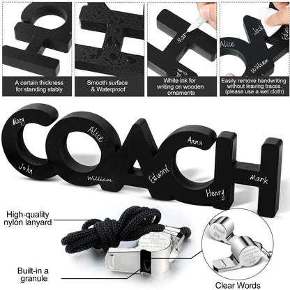 Yalikop 3 Pcs Coach Gifts Football Coach Wood Sign Thank You Whistle Marker Pen Stainless Steel Whistle with Rope for Men Women Soccer Baseball Volleyball Sports Gifts
