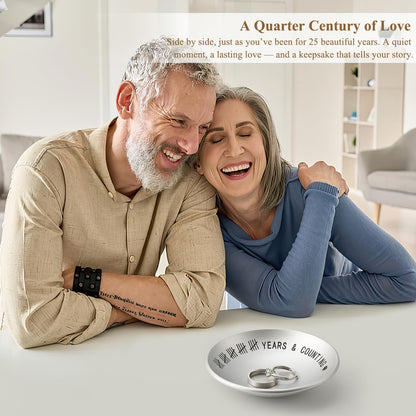 Urllinz 25th Anniversary Wedding Gifts for Husband Wife, 25 Year Anniversary Jewelry Tray for Him Her Couple, Silver Ring Holder Dish & Card & Gift Box, 4"