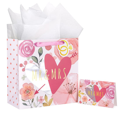 WRAPAHOLIC 10.5" Medium Gift Bags with Card and Tissue Paper - Mr & Mrs Design for Weddings, Engagements, Bridal Showers, Anniversary, Gift Wrap
