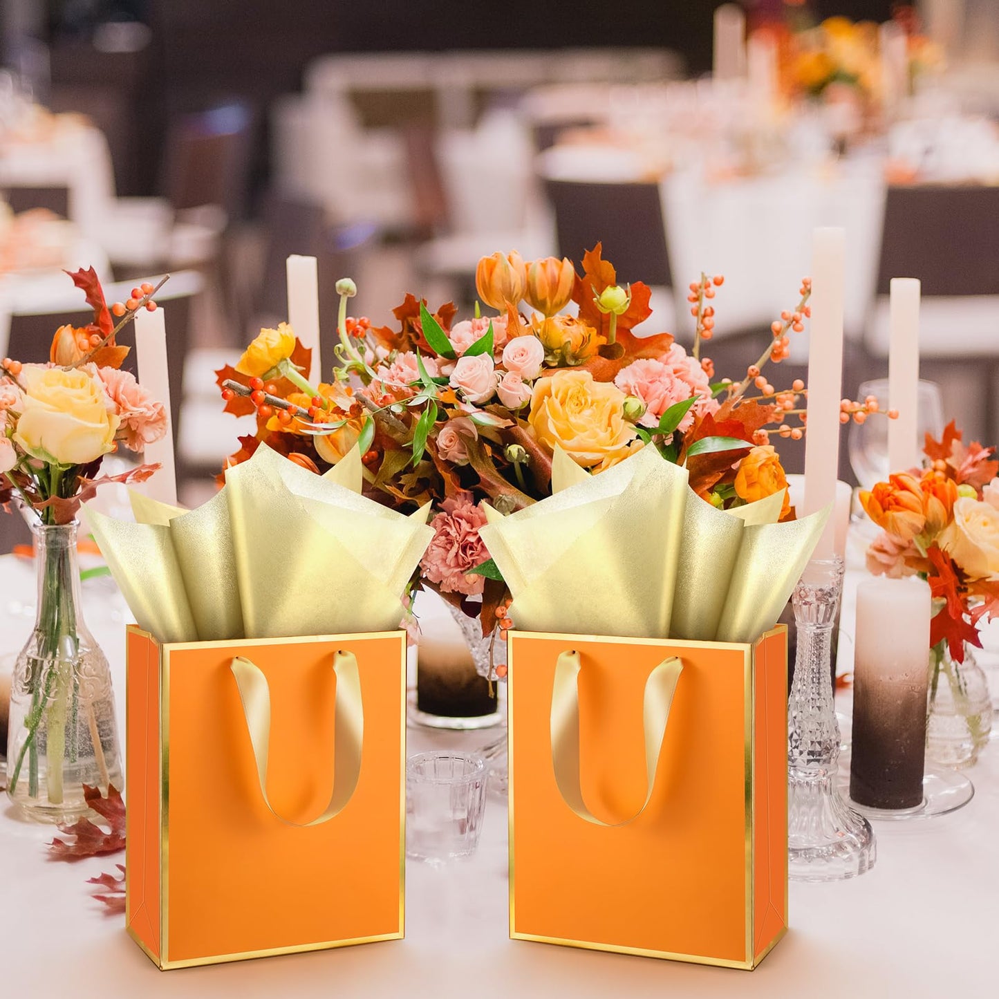 Yeaqee 24 Pack Metallic Paper Gift Bags with Handle and Tissue 9x7x3.1 Gold Foil Welcome Thank You Favor Bags Return Gifts for Wedding Graduation Bridesmaid Groomsmen Birthday(Orange, Gold)