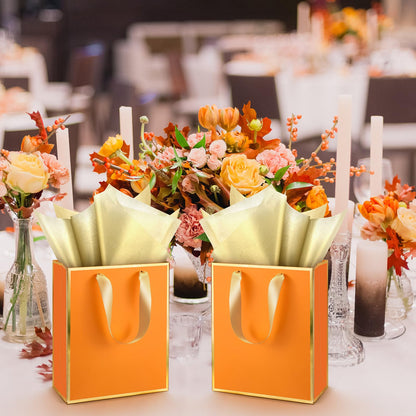 Yeaqee 24 Pack Metallic Paper Gift Bags with Handle and Tissue 9x7x3.1 Gold Foil Welcome Thank You Favor Bags Return Gifts for Wedding Graduation Bridesmaid Groomsmen Birthday(Orange, Gold)