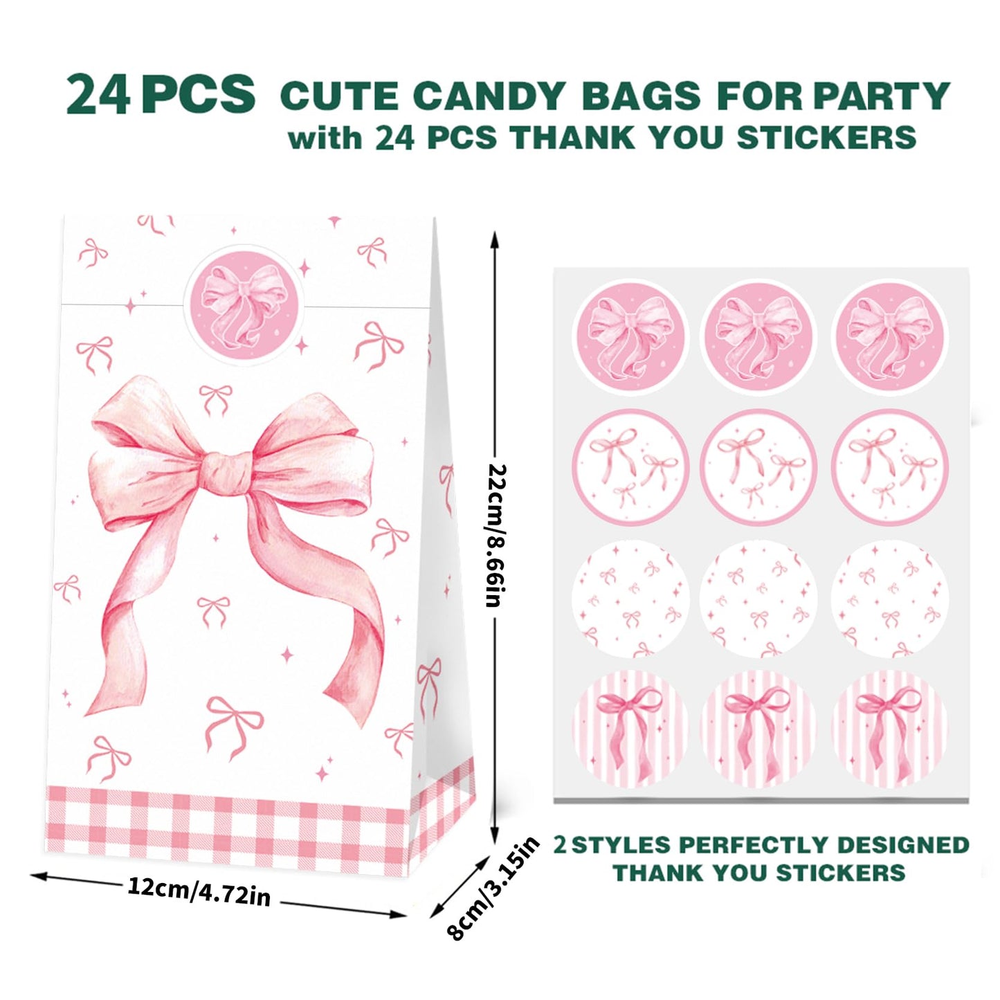 24 Pcs Pink Bow Party Paper Gifts Bags Girl Bow Birthday Party Treat Bags, Coquette Birthday Goodie Candy Bags for Bow Bridal Hot Pink Bachelorette Party Supplies(24-Bow-Bags)