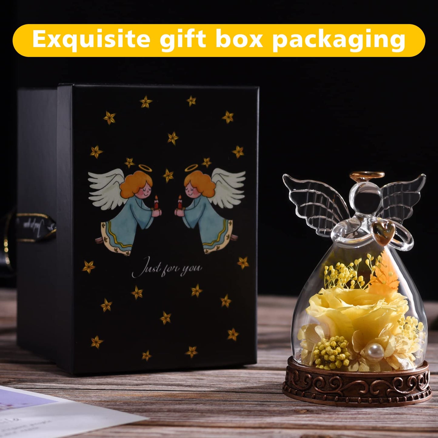 Preserved Real Rose in Glass Angel Figurine with LED Light, Angel Gifts for Women, Mom, Grandma on Mother's Day Christmas Birthday (Yellow)
