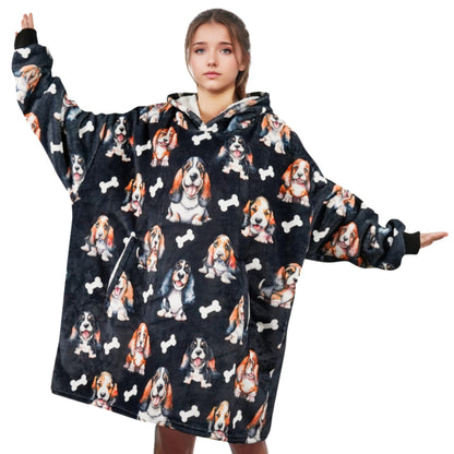 Huglanket Basset Hound Gifts for Women, Wearable Flannel Blanket Hoodies, Super Soft Warm Cozy with Big Pockets - One Size Fits Most