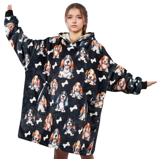 Huglanket Basset Hound Gifts for Women, Wearable Flannel Blanket Hoodies, Super Soft Warm Cozy with Big Pockets - One Size Fits Most