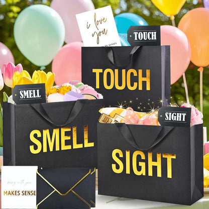 Large 5 Senses Gift Bags for Him with Labels, Envelopes and Cards,Gold Foil Five Senses Gift Bag for Her with Handles & Tissue Paper for Valentine's Day, Birthday, Wedding, Anniversary 12.6"X8.7"X4"