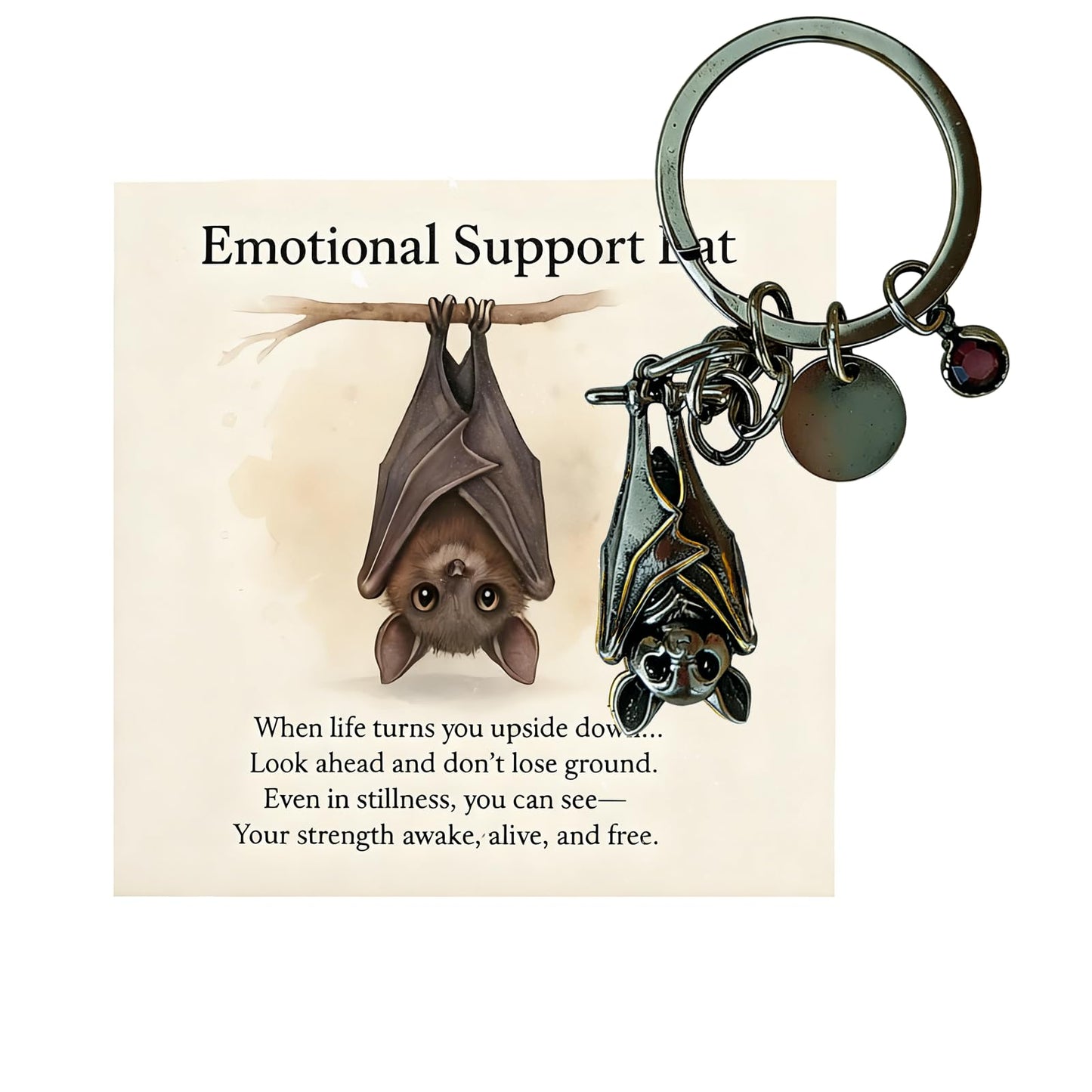 Emotional Support Bat Inspirational Keychain, Courage In Hanging Upside Down Metal Bat Pendant Friendship Gift Jewelry