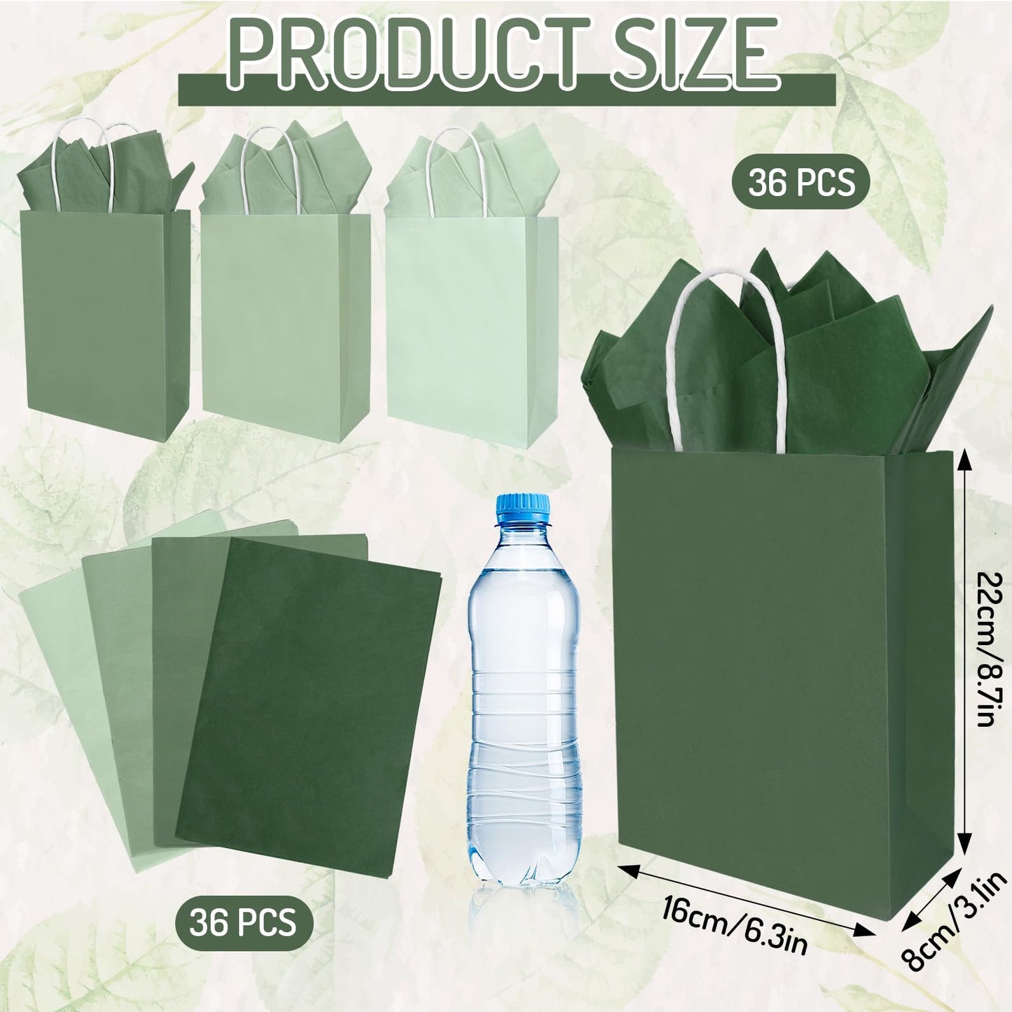 Whaline 36 Pcs Sage Green Paper Gift Bags with Tissue Paper Gradient Green Party Favor Bags with Handle Goodie Candy Treat Bag for Mother's Day Wedding Birthday Baby Shower One Lucky Duck Patry