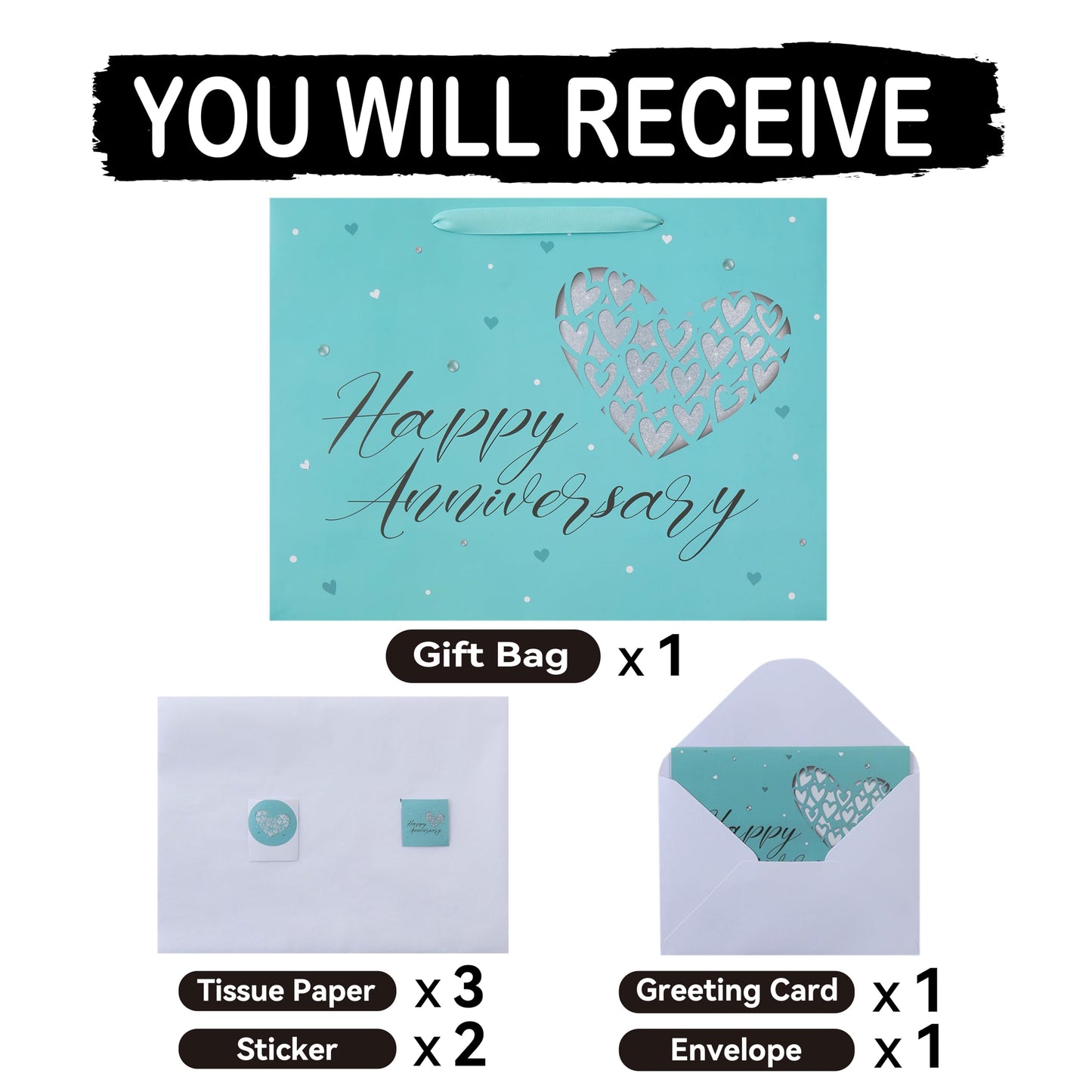 16.5” Extra Large Gift Bag Set with Handles, Greeting Card, Tissue Papers and Stickers for Valentine's Day, Anniversary Women Men Husband Wife Boyfriend Girlfriend or Romantic Partner, Heart Design, 1 Pcs