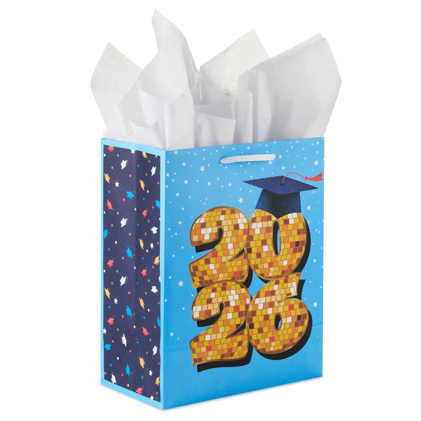 Hallmark 9" Medium Year-Dated Graduation Gift Bag with Tissue Paper (Class of 2026, Gold Disco Ball on Blue with Stars) for High School, College, University