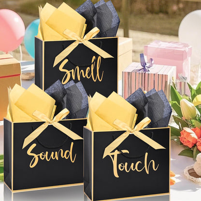 Large 5 Senses Gift Bags for Him Her, Gold Foil Sight Smell Touch Taste Sound Gift Bags,Five Senses Gift Bag for Him with Handles and Tissue Paper for Birthday, Mothers Day, Anniversary, Christmas12 x 10 x 4 Inch (Black)