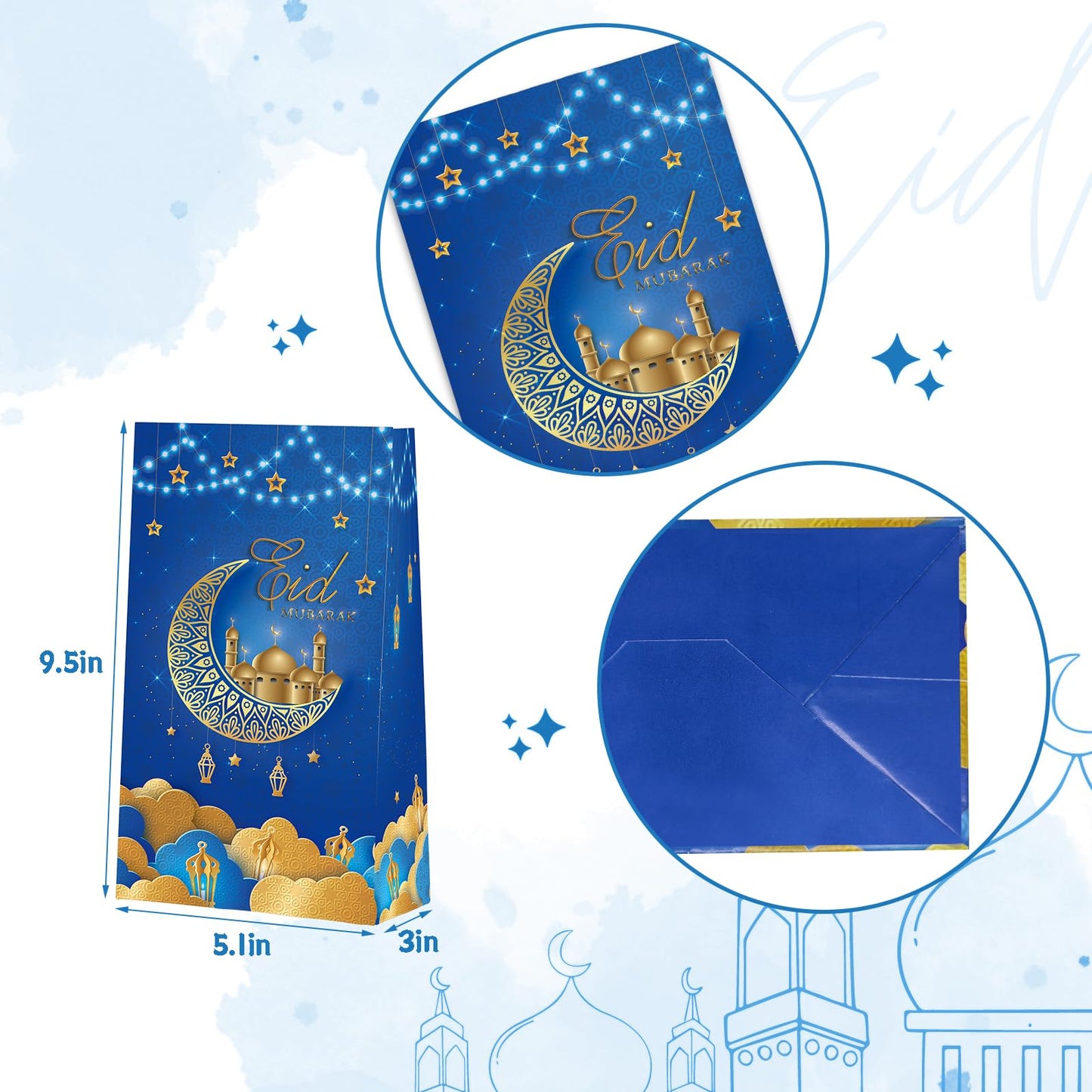 KALEFO Eid Mubarak Favor Gift Bags 24PCS Ramadan Muslim Supplies Goodie Treat BagTable Decorations for Party Birthday Blue