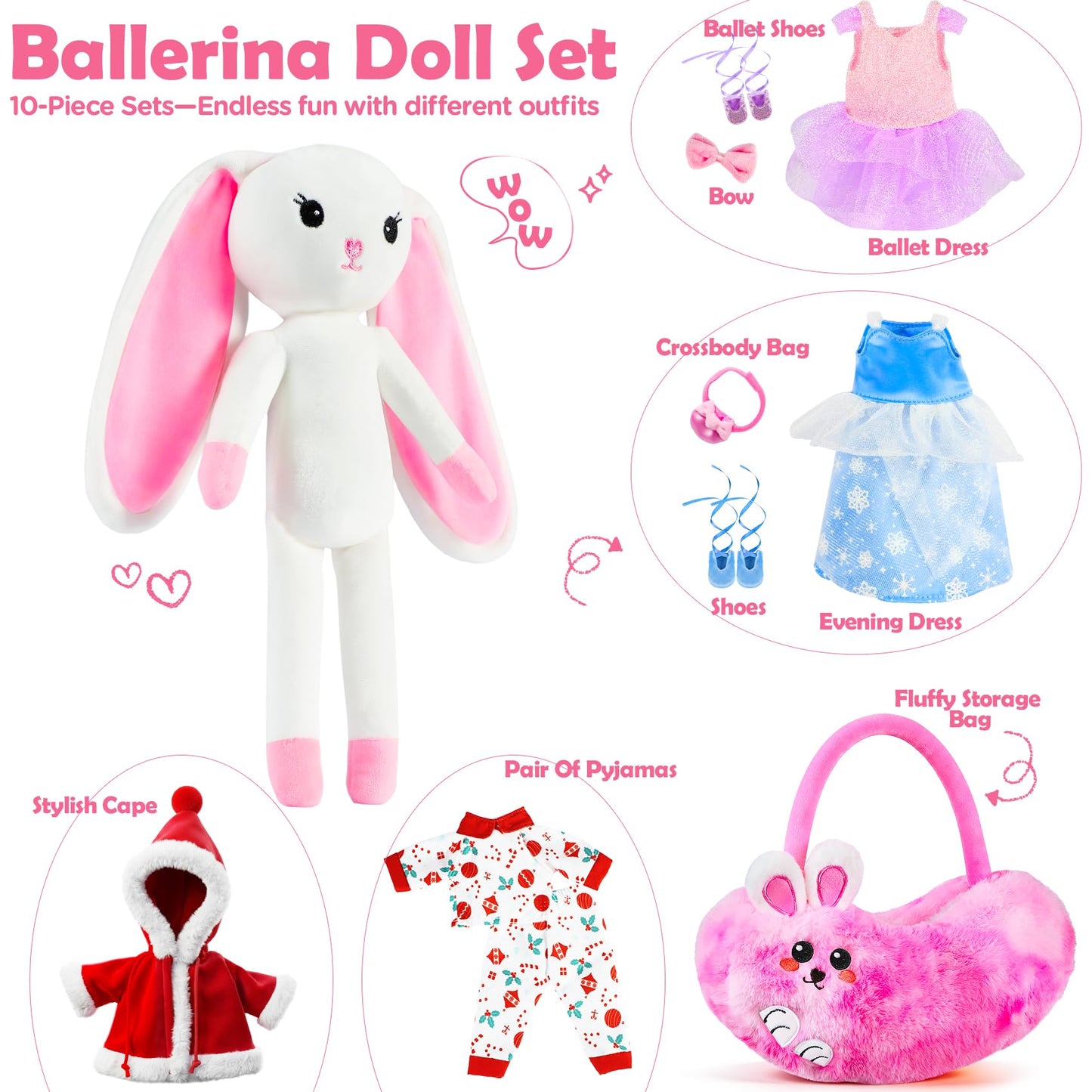 Ballerina Doll Stuffed Animals Girl Toys Age 3-8, Bunny Stuffed Animal, Ballet Dress Up Doll, Kids Pretend Play with 4 Set Clothes, Cape,Plush Bag 3 4 5 6 7 8 Year Old Girl Gifts Dance Recital Gifts