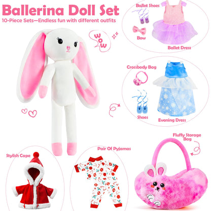 Ballerina Doll Stuffed Animals Girl Toys Age 3-8, Bunny Stuffed Animal, Ballet Dress Up Doll, Kids Pretend Play with 4 Set Clothes, Cape,Plush Bag 3 4 5 6 7 8 Year Old Girl Gifts Dance Recital Gifts