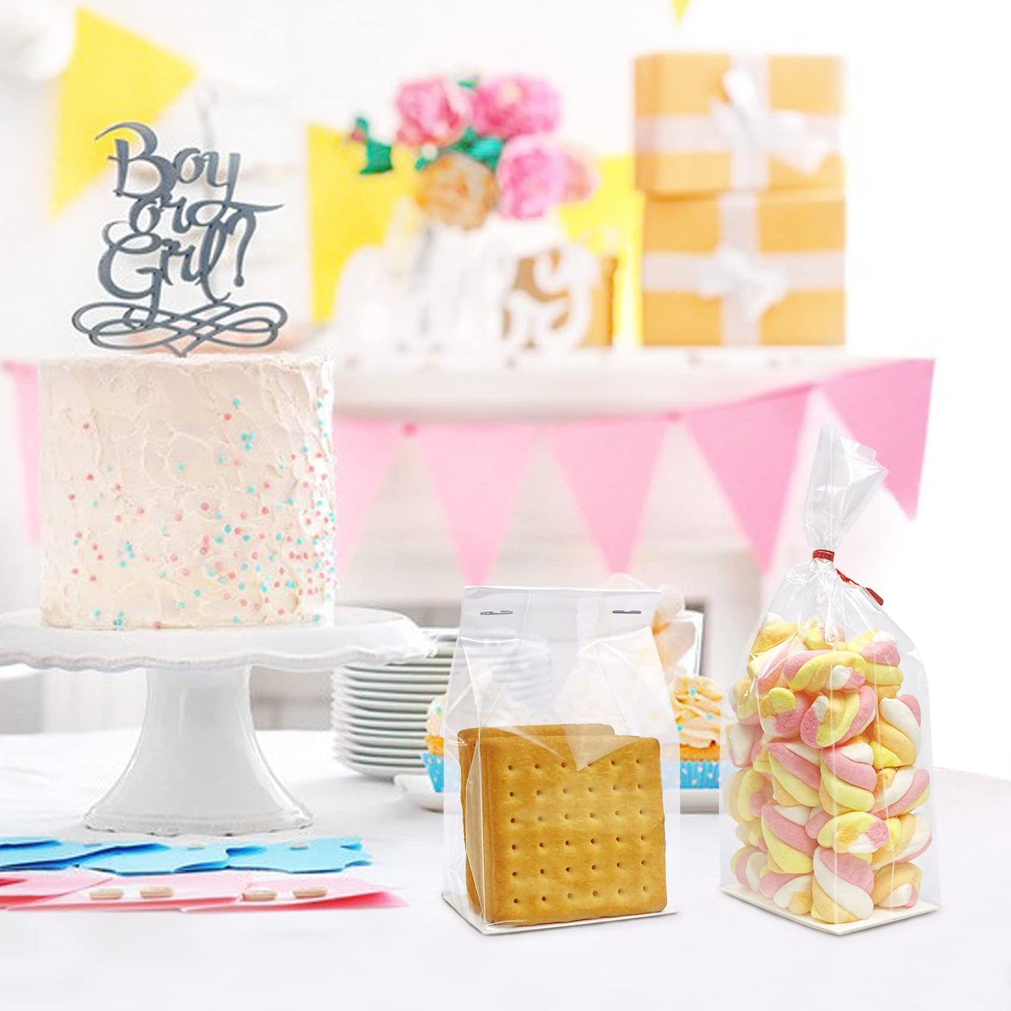 Gusseted Cellophane Bags,Flat Bottom Cellophane Smore Bags with Paper Insert 50Pcs 3x2x8 Inches (Mini Size)