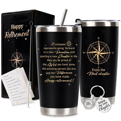 Retirement Gifts for Men 2026, 20 Oz Retired Tumbler Cup with Lid & Straw, Best Retirement Gift Set Stainless Steel Cup with Keychain & Card for Men Him Husband Teachers Boss Doctors Coworkers, Black