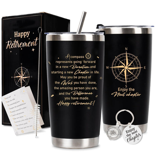 Retirement Gifts for Men 2026, 20 Oz Retired Tumbler Cup with Lid & Straw, Best Retirement Gift Set Stainless Steel Cup with Keychain & Card for Men Him Husband Teachers Boss Doctors Coworkers, Black