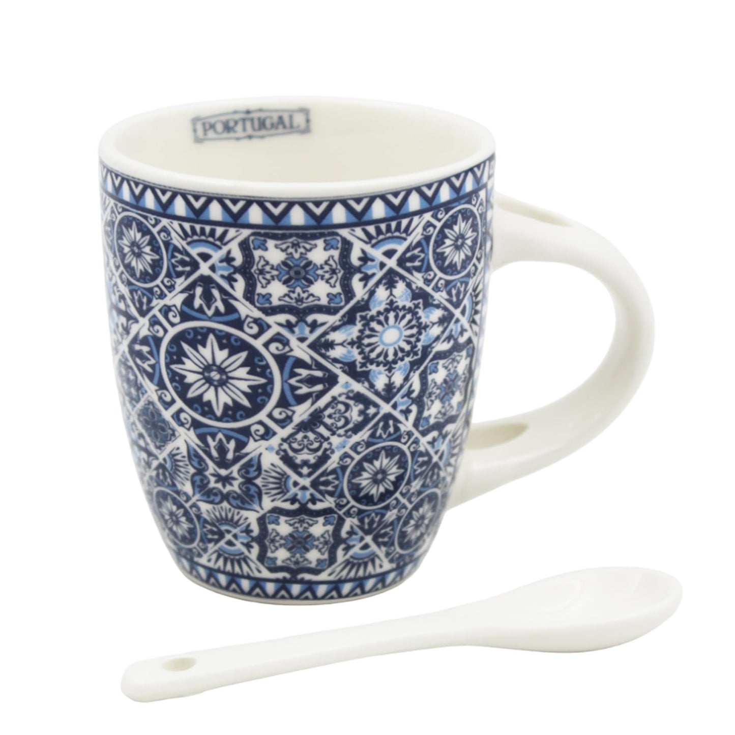 Portuguese Ceramic Espresso Cup with Integrated Spoon Set - Tile Azulejo Design - 4 oz Capacity, Microwave & Dishwasher Safe (Blue & White)
