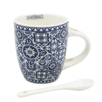 Portuguese Ceramic Espresso Cup with Integrated Spoon Set - Tile Azulejo Design - 4 oz Capacity, Microwave & Dishwasher Safe (Blue & White)