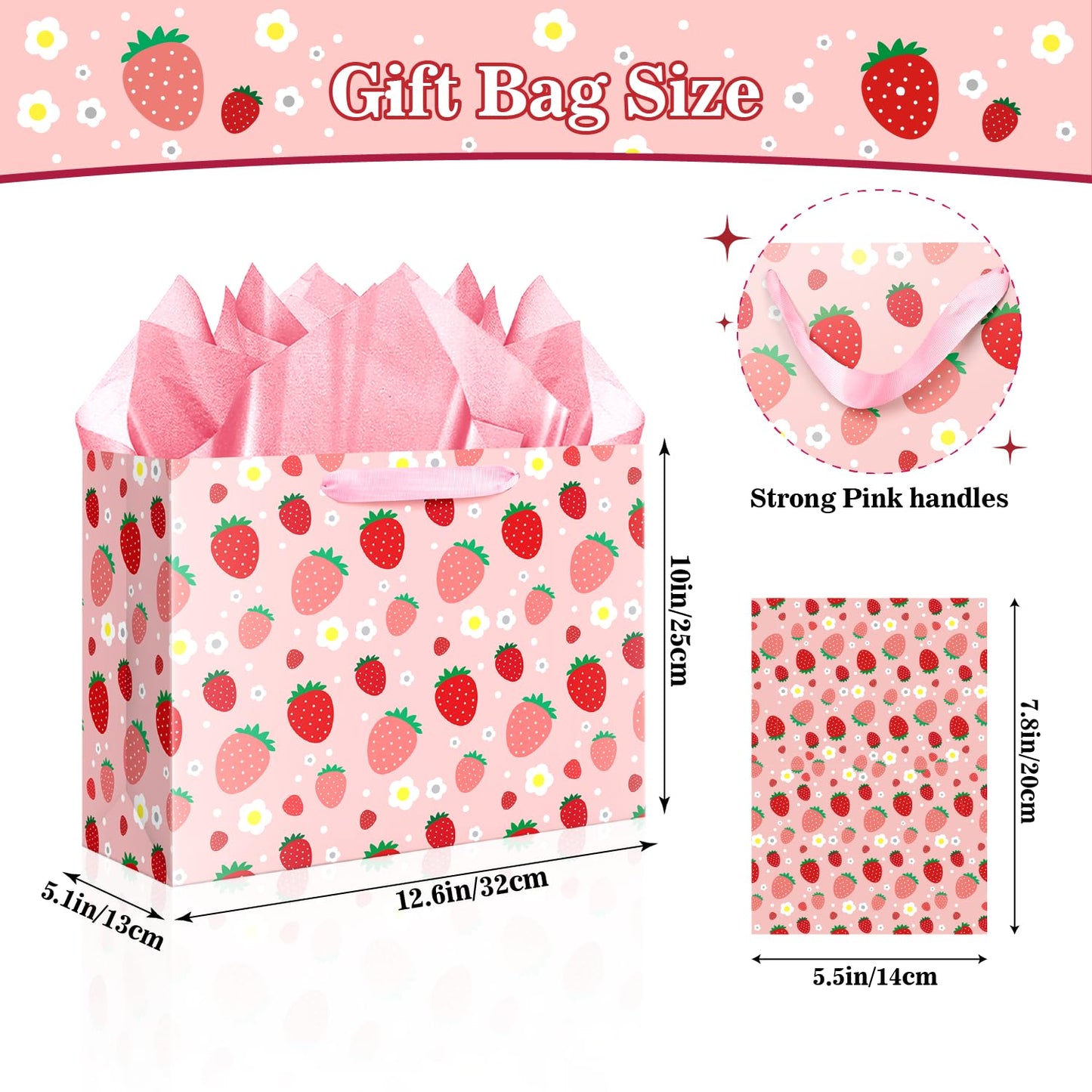 XiaosRen Large Strawberry Birthday Gift Bag with Tissue Paper and Card, Pink Gift Bag for Girls Kids Birthday, Baby Shower Party Supplies.