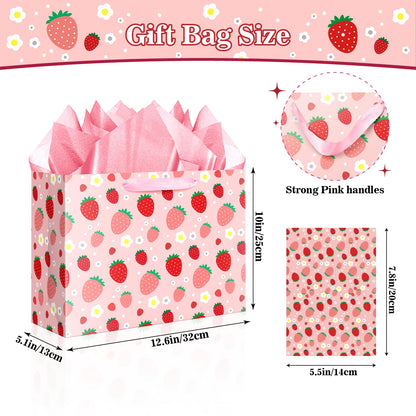 XiaosRen Large Strawberry Birthday Gift Bag with Tissue Paper and Card, Pink Gift Bag for Girls Kids Birthday, Baby Shower Party Supplies.