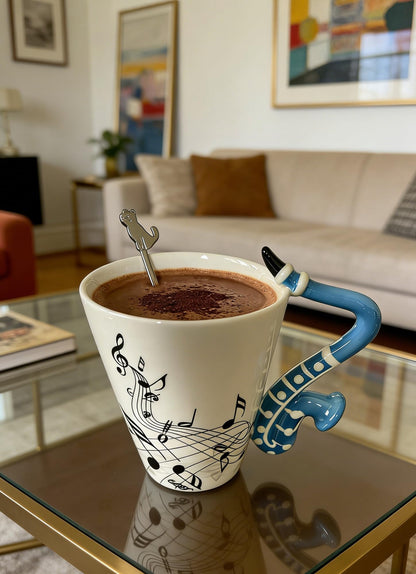 Saxophone Novelty Mug Musical Gift Coffee Cup with Spoon, Music Teacher Gifts,Music Lovers for Holidays Gift for Mother's Day,Fathers Day,Men,Woman (Blue)