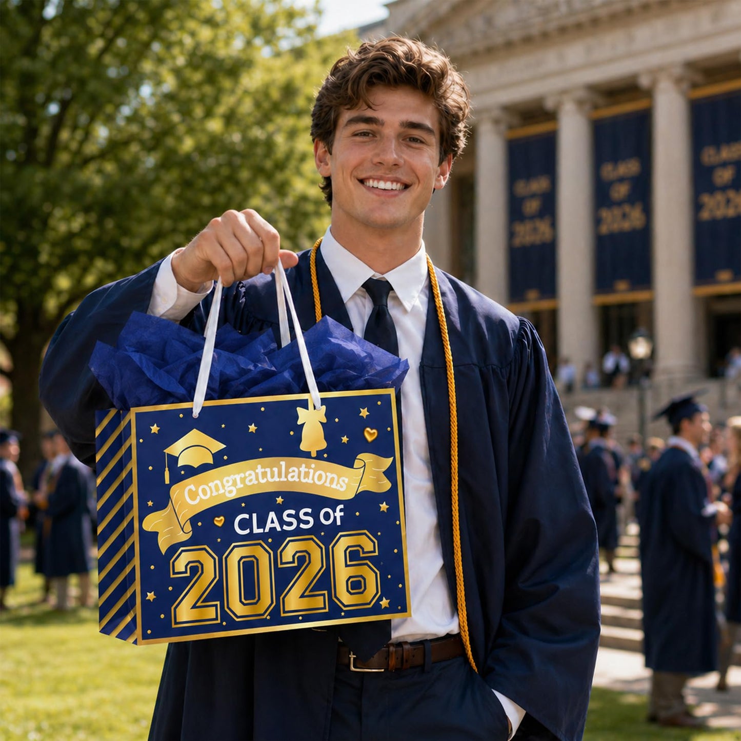 Konsait 13" Large Graduation Gift Bags, Blue Class of 2026 Graduation Bags with Tissue Paper and Greeting Card for Gift Wrapping, Celebrations, Parties & More