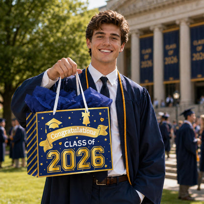 Konsait 13" Large Graduation Gift Bags, Blue Class of 2026 Graduation Bags with Tissue Paper and Greeting Card for Gift Wrapping, Celebrations, Parties & More