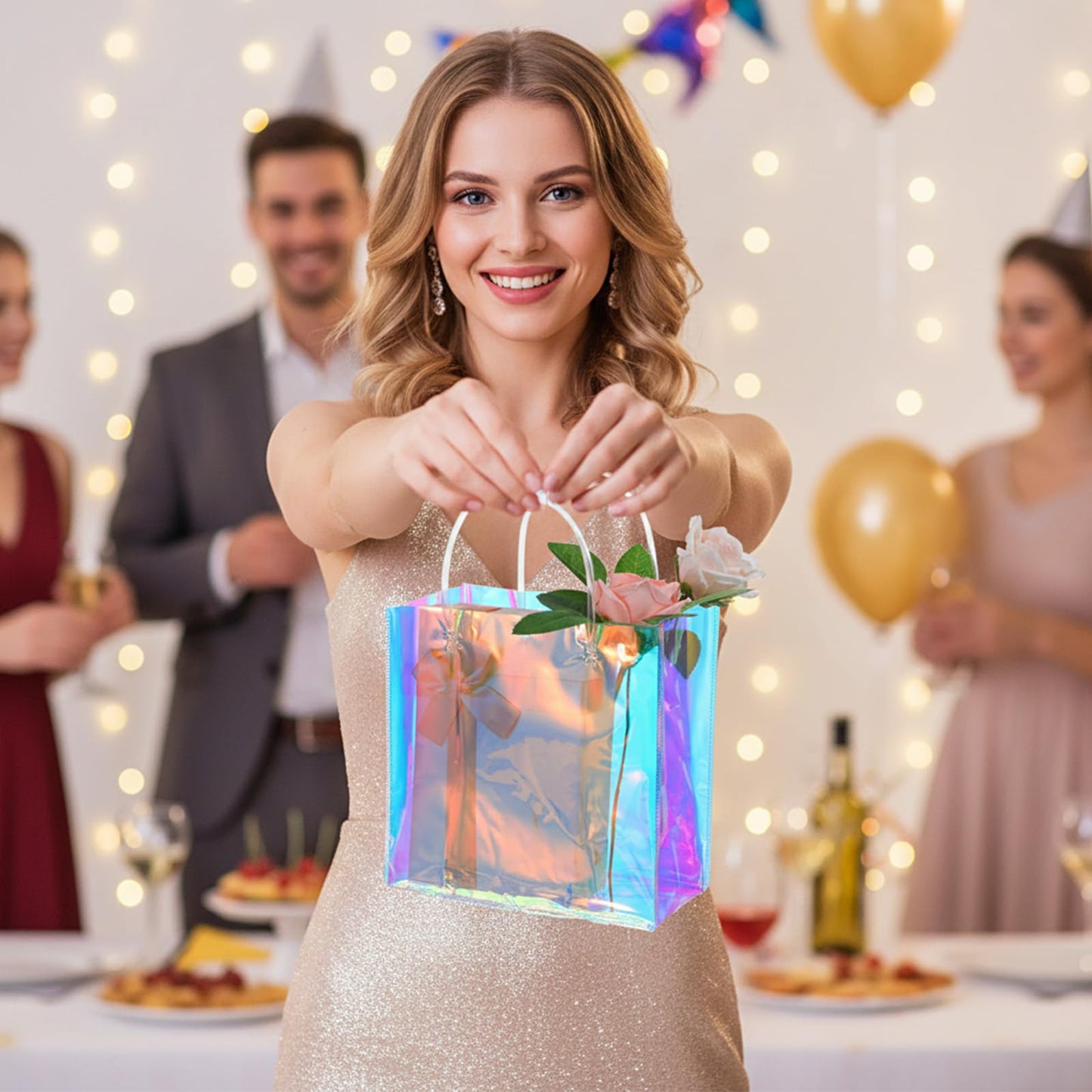 Yuanan 16 PCS Holographic Gift Bags, Iridescent Gift Bags Reusable Pvc Gifts Wrap Bag Clear Gifts Bag with Handles for Shopping Christmas Holiday Party Favor(7.8 X 7.8 X 3.5 Inch, Rainbow)