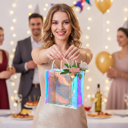 Yuanan 16 PCS Holographic Gift Bags, Iridescent Gift Bags Reusable Pvc Gifts Wrap Bag Clear Gifts Bag with Handles for Shopping Christmas Holiday Party Favor(7.8 X 7.8 X 3.5 Inch, Rainbow)