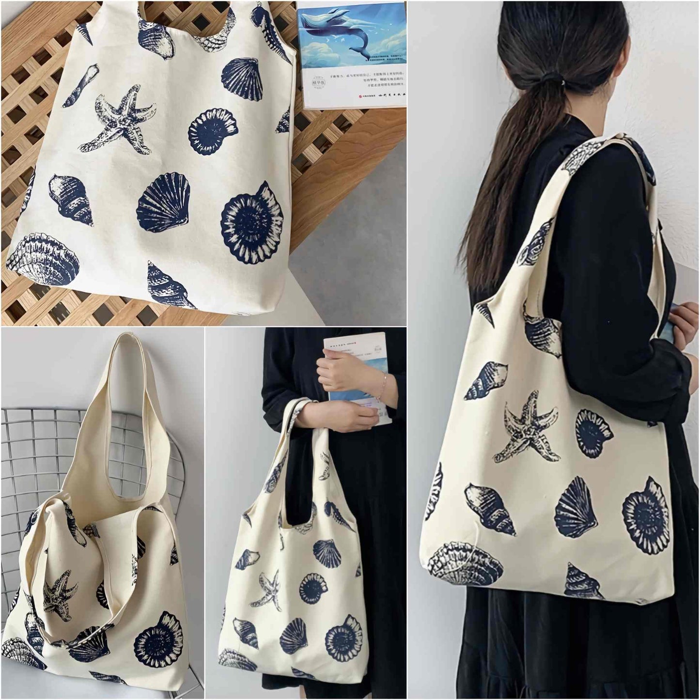 Beach Inspired Canvas Tote Bag For Women, Nautical Seashell And Starfish Print, Casual Shoulder Bag Aesthetic, Cute Small Book Tote, Portable Washable For Women Grocery Shopping Gift For Birthday Day