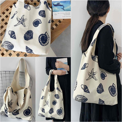 Beach Inspired Canvas Tote Bag For Women, Nautical Seashell And Starfish Print, Casual Shoulder Bag Aesthetic, Cute Small Book Tote, Portable Washable For Women Grocery Shopping Gift For Birthday Day