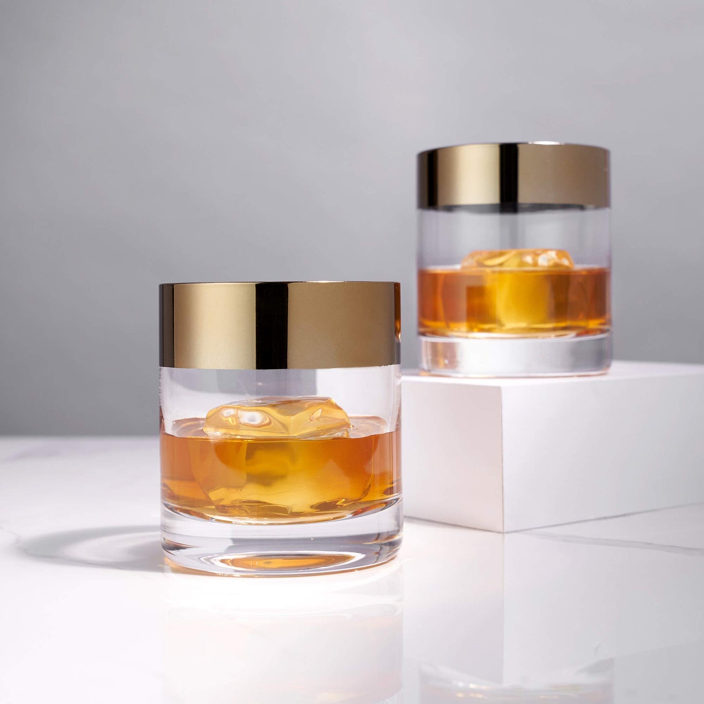 Viski Irving Bronze Rim Crystal Lowball Tumblers Set of 2 - Premium Crystal Clear Cocktail Glass Bronze Rimmed Glassware, Stylish Lowball Whiskey Glass Gift Set, 12 oz
