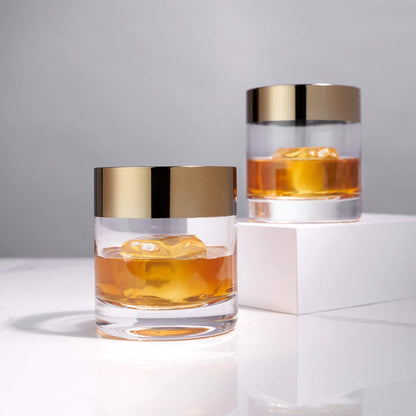 Viski Irving Bronze Rim Crystal Lowball Tumblers Set of 2 - Premium Crystal Clear Cocktail Glass Bronze Rimmed Glassware, Stylish Lowball Whiskey Glass Gift Set, 12 oz