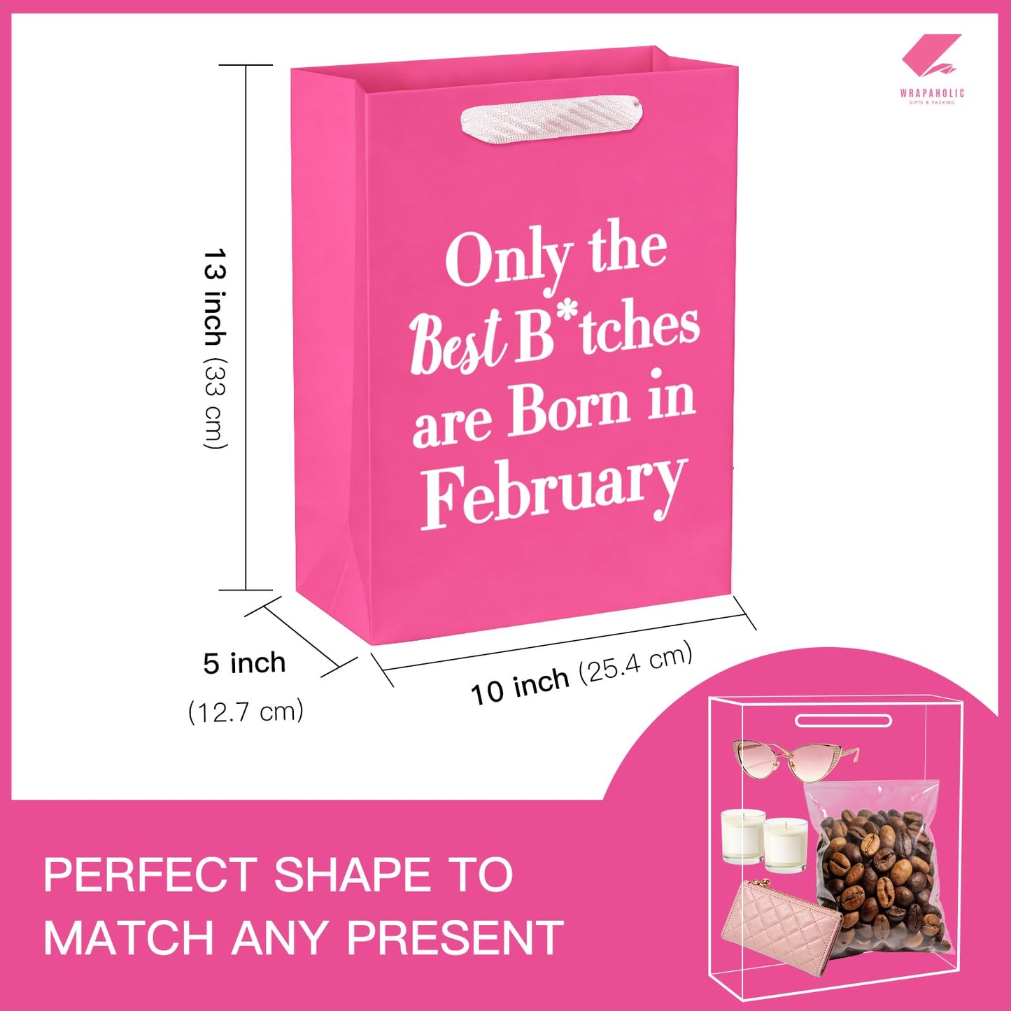 WRAPAHOLIC 13" Large Funny Birthday Month Gift Bag with Tissue Paper - Best Bitches Born in February Humor Bday Gift Bags for Women Best Friends Birthday