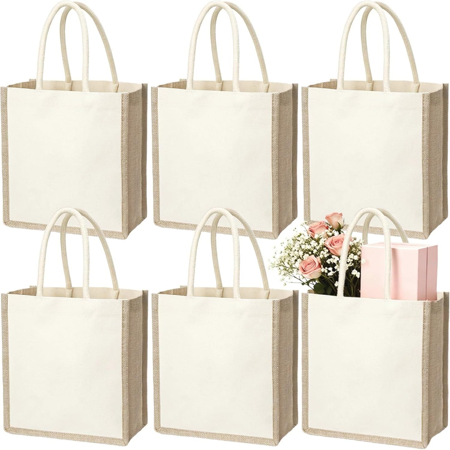 SOUJOY 6 Pack Burlap Tote Bags, Reusable Jute Gift Tote with Handles, Small Beach Bags, Canvas Grocery Shopping Tote for Bridesmaid, DIY, Shopping, Pool, Wedding Bag