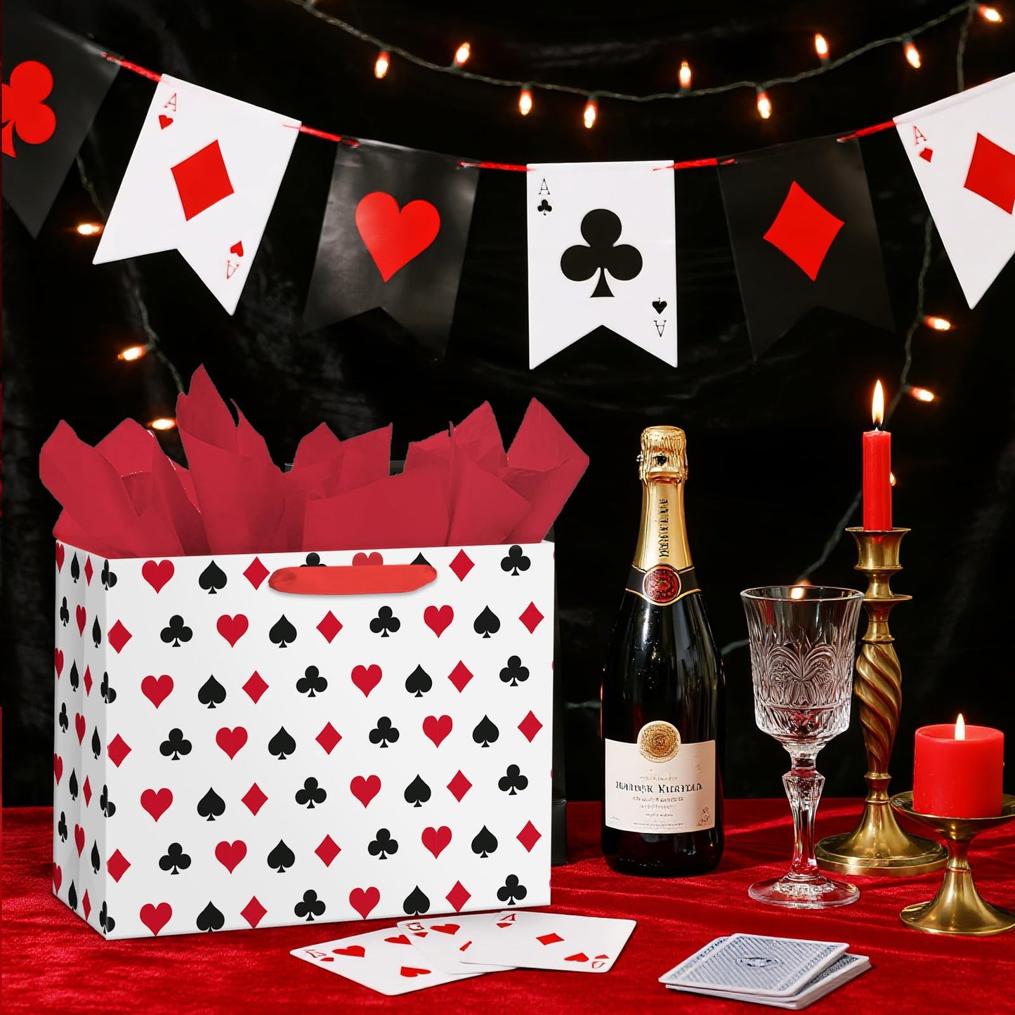 Loveinside 13" Large Funny Poker Gift Bag, Red Black Playing Card Suits Design Gift Bag with Tissue Paper for Poker Night, Las Vegas Party, Birthday, Casino Theme Party, 13" x 5" x 10", 1 Pcs