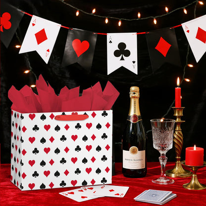 Loveinside 13" Large Funny Poker Gift Bag, Red Black Playing Card Suits Design Gift Bag with Tissue Paper for Poker Night, Las Vegas Party, Birthday, Casino Theme Party, 13" x 5" x 10", 1 Pcs
