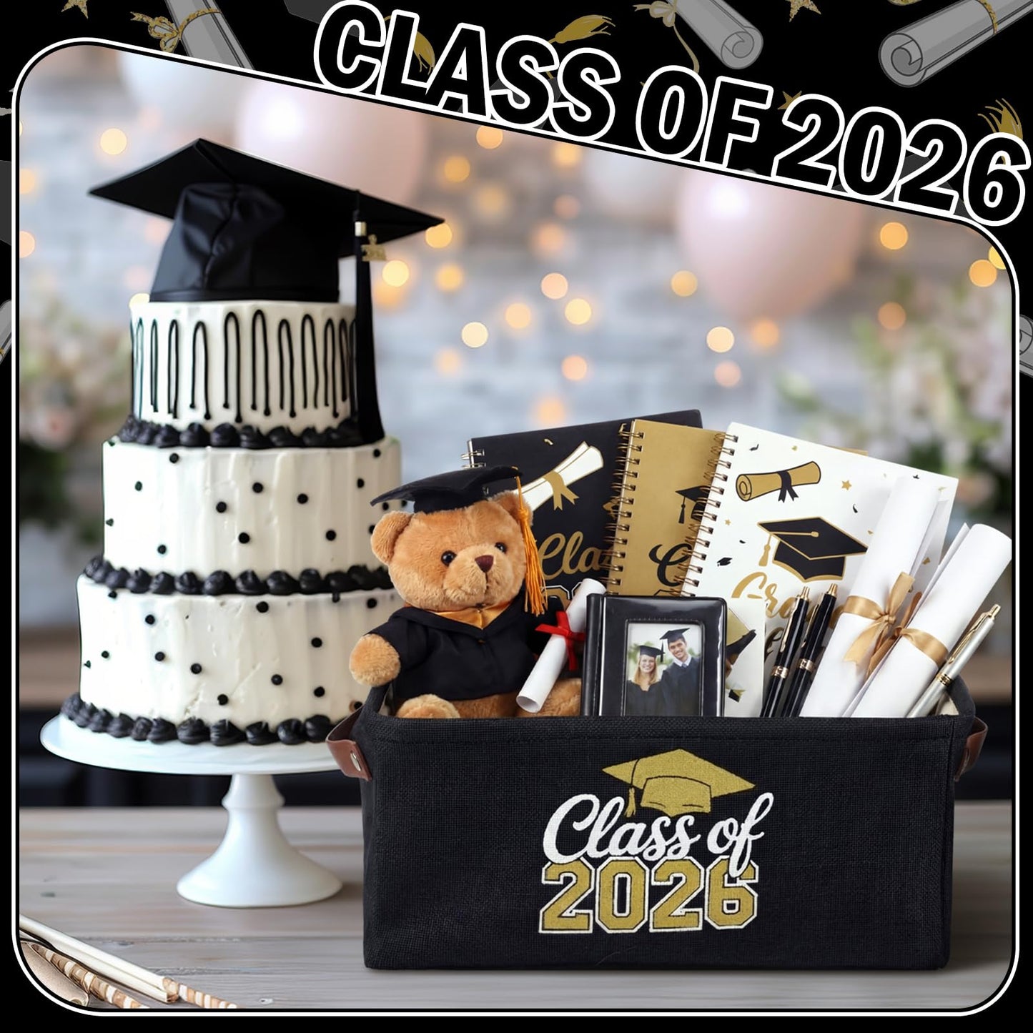 Graduation Gifts Basket Class of 2026 Storage Box with Handle Congrats Grad Gift Storage Basket for High School College Decor Party Favor Keepsake 14 x 10 x 6.3(Classic,Black and Gold)