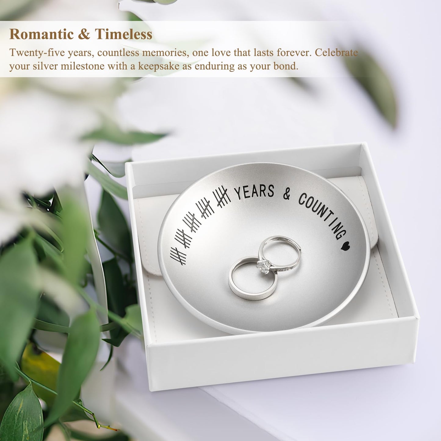 Urllinz 25th Anniversary Wedding Gifts for Husband Wife, 25 Year Anniversary Jewelry Tray for Him Her Couple, Silver Ring Holder Dish & Card & Gift Box, 4"