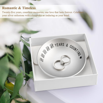 Urllinz 25th Anniversary Wedding Gifts for Husband Wife, 25 Year Anniversary Jewelry Tray for Him Her Couple, Silver Ring Holder Dish & Card & Gift Box, 4"