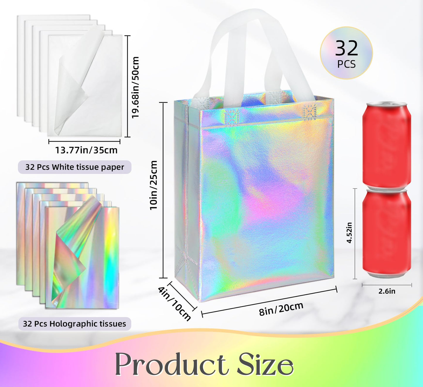 ZIFTY 32PCS Goodie Gift Bags with Handles, Reusable Non-woven Holographic Iridescent Gift Bags Bulk with Tissue Papers for Birthday, Wedding, Easter, Christmas, Holiday Party Favors 8W x 4L x 10H